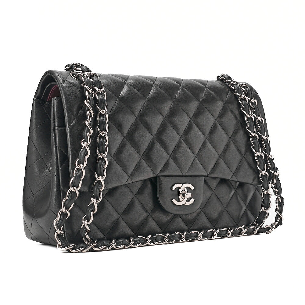 CHANEL Deka Matelasse Double Flap Turn Lock Chain Shoulder Bag Lambskin Black Silver-Tone Hardware, Pre-Owned