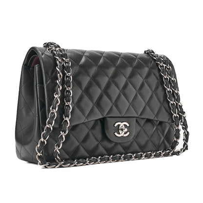 CHANEL Deka Matelasse Double Flap Turn Lock Chain Shoulder Bag Lambskin Black Silver-Tone Hardware, Pre-Owned