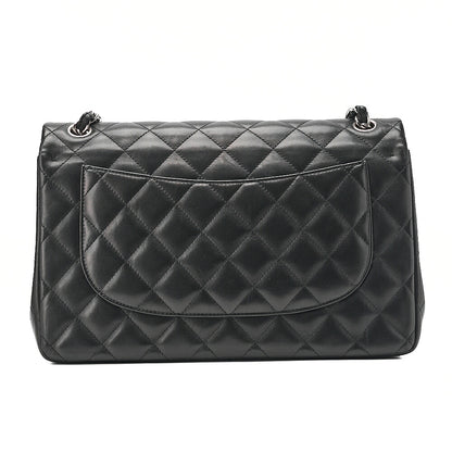 CHANEL Deka Matelasse Double Flap Turn Lock Chain Shoulder Bag Lambskin Black Silver-Tone Hardware, Pre-Owned