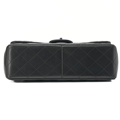 CHANEL Deka Matelasse Double Flap Turn Lock Chain Shoulder Bag Lambskin Black Silver-Tone Hardware, Pre-Owned