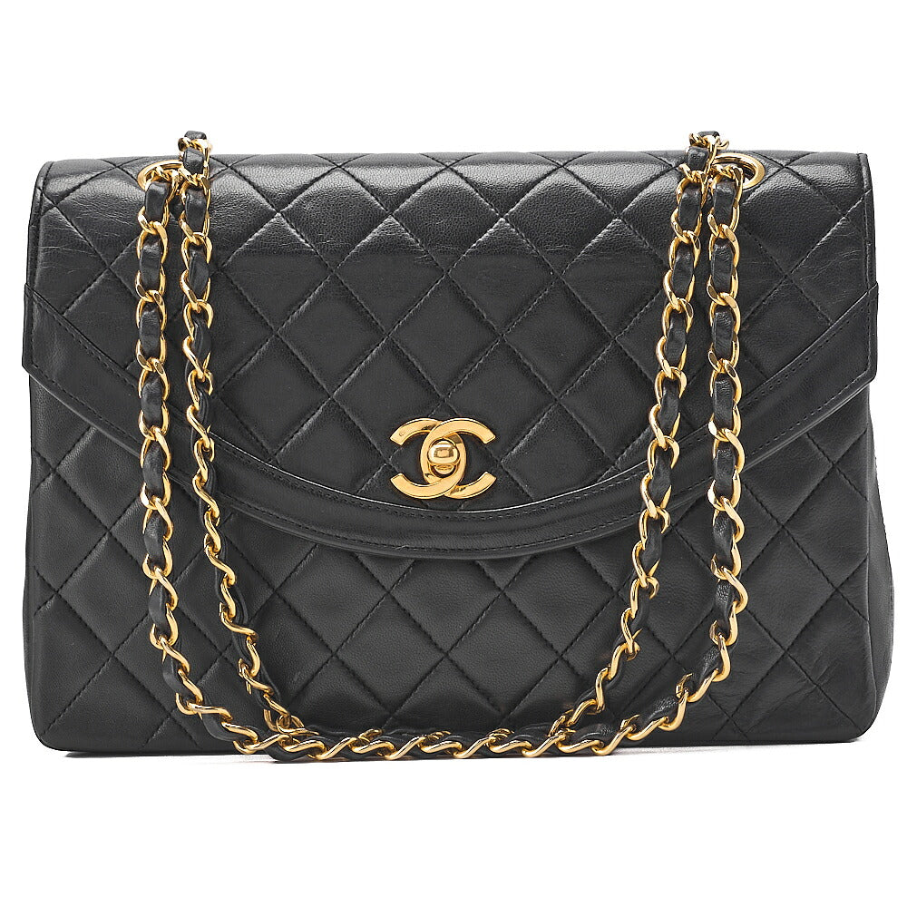 CHANEL Lambskin Matelasse Turn Lock Design Flap Chain Shoulder Bag Black Gold-Tone Hardware, Pre-Owned