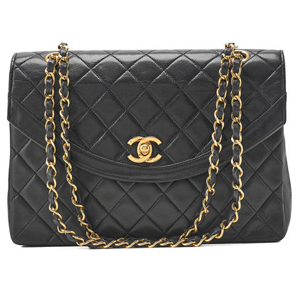 CHANEL Lambskin Matelasse Turn Lock Design Flap Chain Shoulder Bag Black Gold-Tone Hardware, Pre-Owned