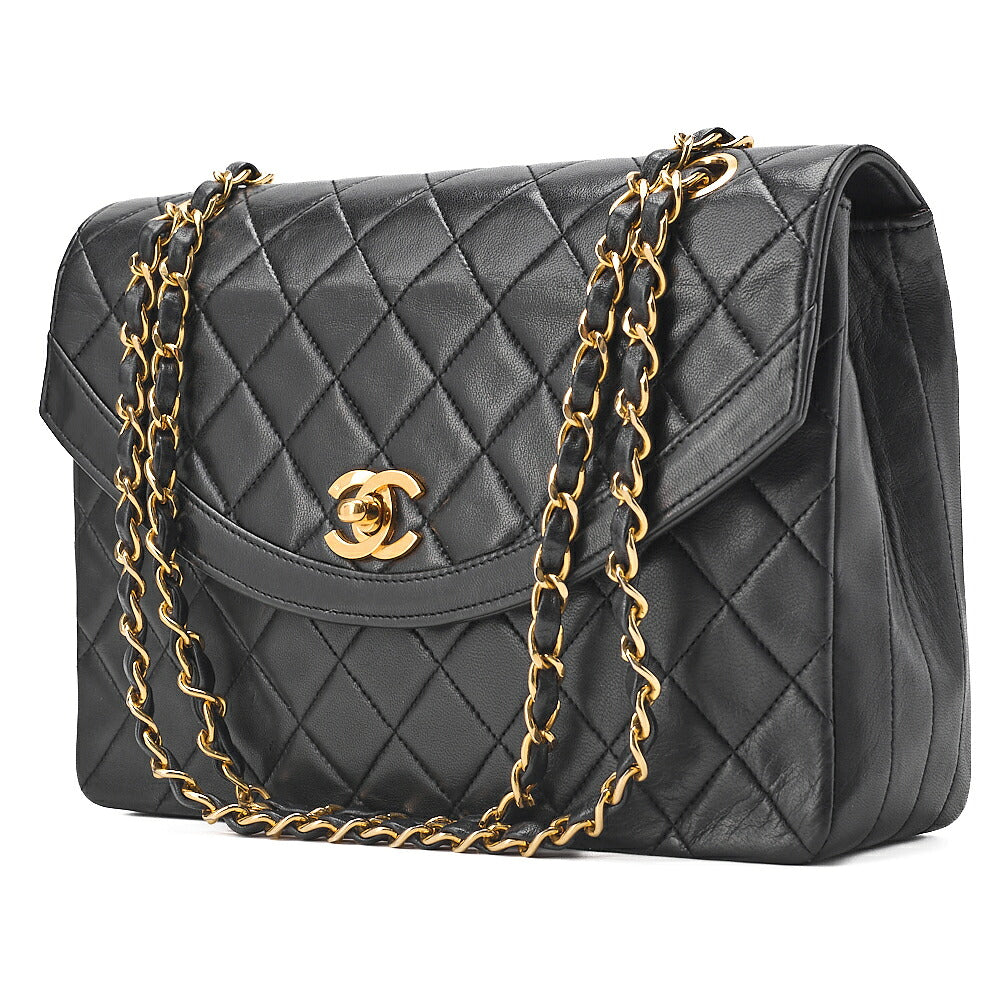 CHANEL Lambskin Matelasse Turn Lock Design Flap Chain Shoulder Bag Black Gold-Tone Hardware, Pre-Owned