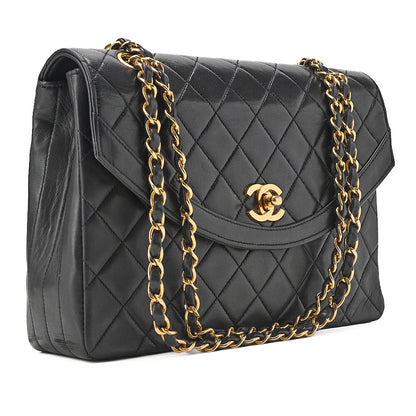 CHANEL Lambskin Matelasse Turn Lock Design Flap Chain Shoulder Bag Black Gold-Tone Hardware, Pre-Owned