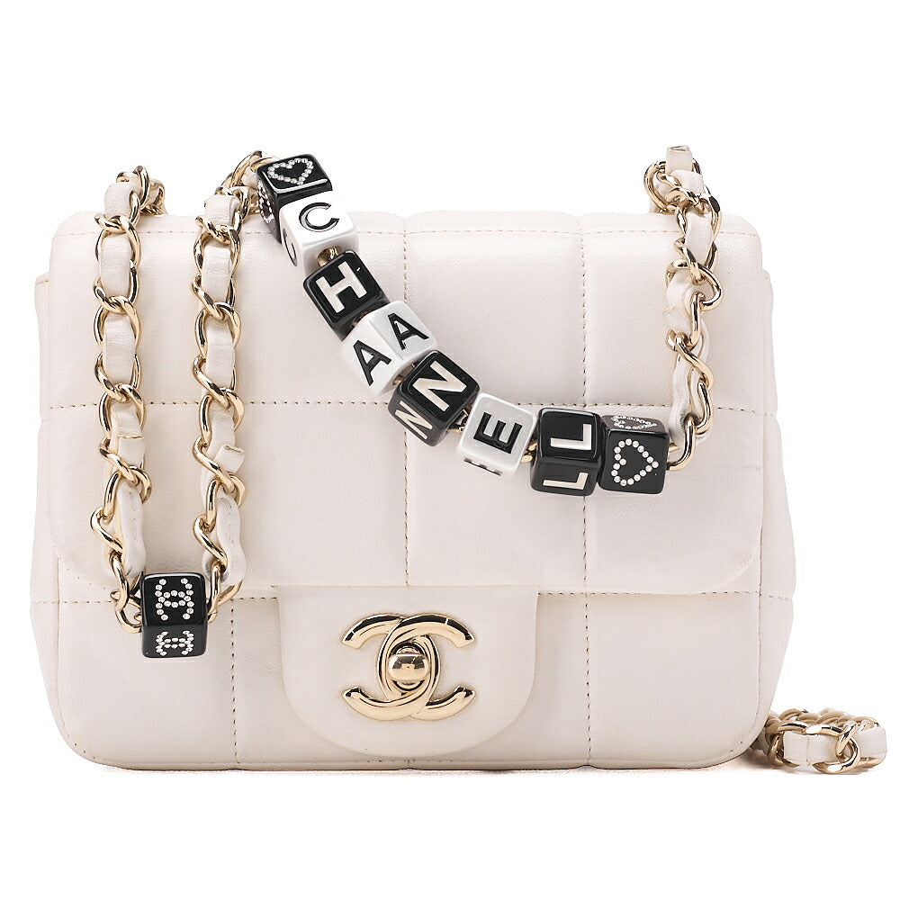 CHANEL Lambskin Mini Chocolate Bar 15cm Single Flap Turn Lock Chain Shoulder White Gold-Tone Hardware, Pre-Owned