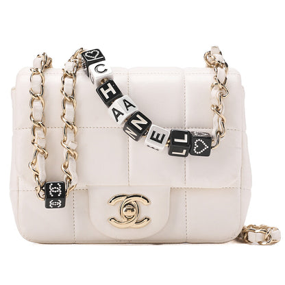 CHANEL Lambskin Mini Chocolate Bar 15cm Single Flap Turn Lock Chain Shoulder White Gold-Tone Hardware, Pre-Owned