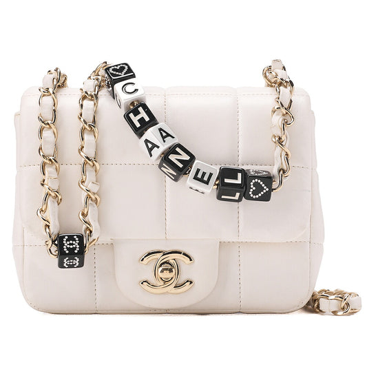 CHANEL Lambskin Mini Chocolate Bar 15cm Single Flap Turn Lock Chain Shoulder White Gold-Tone Hardware, Pre-Owned