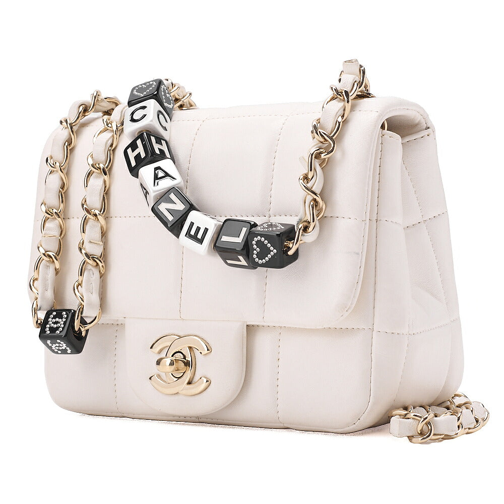CHANEL Lambskin Mini Chocolate Bar 15cm Single Flap Turn Lock Chain Shoulder White Gold-Tone Hardware, Pre-Owned