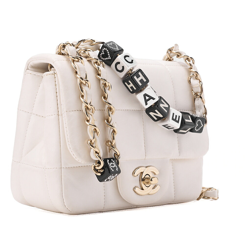 CHANEL Lambskin Mini Chocolate Bar 15cm Single Flap Turn Lock Chain Shoulder White Gold-Tone Hardware, Pre-Owned
