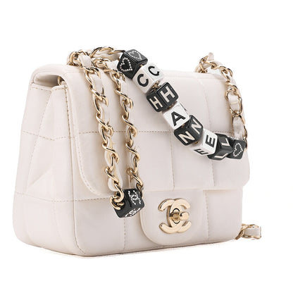 CHANEL Lambskin Mini Chocolate Bar 15cm Single Flap Turn Lock Chain Shoulder White Gold-Tone Hardware, Pre-Owned