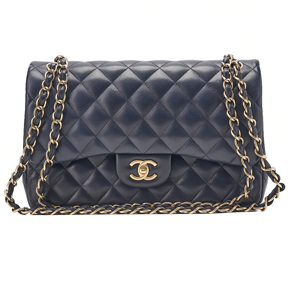 CHANEL Deka Matelasse Double Flap Turn Lock Chain Shoulder Bag Lambskin Navy Gold-Tone Hardware, Pre-Owned