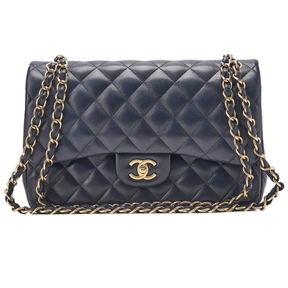 CHANEL Deka Matelasse Double Flap Turn Lock Chain Shoulder Bag Lambskin Navy Gold-Tone Hardware, Pre-Owned