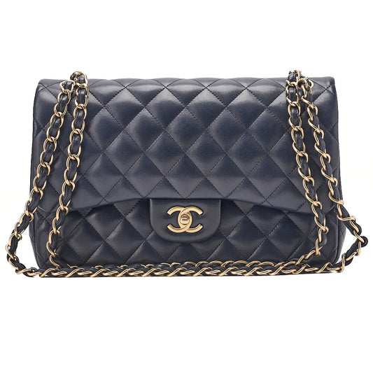 CHANEL Deka Matelasse Double Flap Turn Lock Chain Shoulder Bag Lambskin Navy Gold-Tone Hardware, Pre-Owned