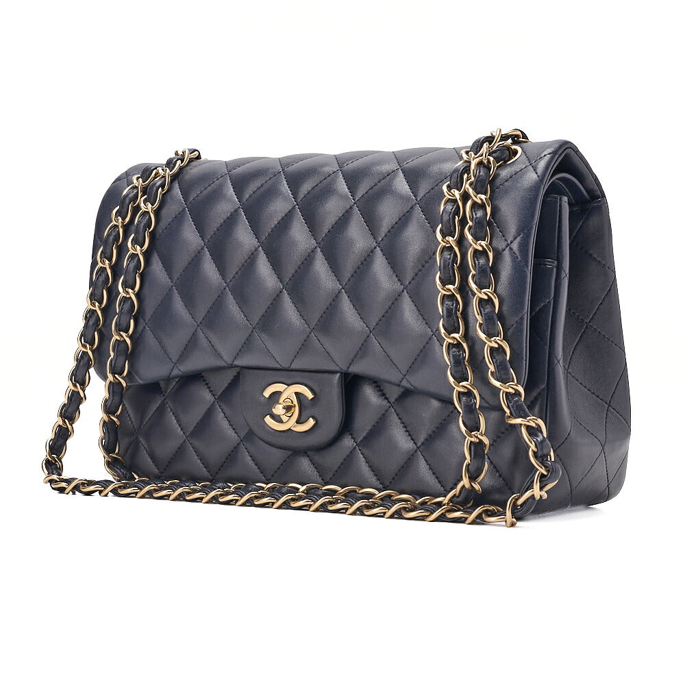 CHANEL Deka Matelasse Double Flap Turn Lock Chain Shoulder Bag Lambskin Navy Gold-Tone Hardware, Pre-Owned