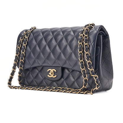 CHANEL Deka Matelasse Double Flap Turn Lock Chain Shoulder Bag Lambskin Navy Gold-Tone Hardware, Pre-Owned
