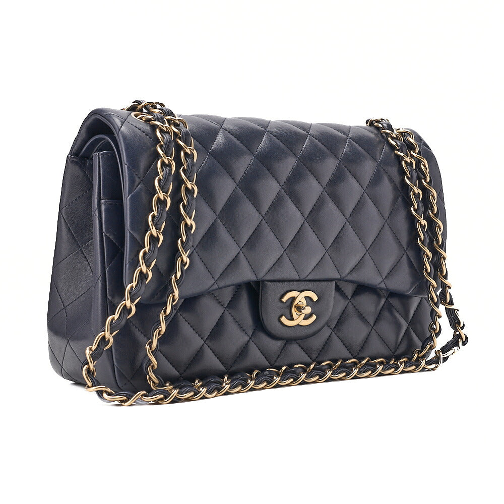 CHANEL Deka Matelasse Double Flap Turn Lock Chain Shoulder Bag Lambskin Navy Gold-Tone Hardware, Pre-Owned