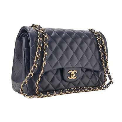 CHANEL Deka Matelasse Double Flap Turn Lock Chain Shoulder Bag Lambskin Navy Gold-Tone Hardware, Pre-Owned