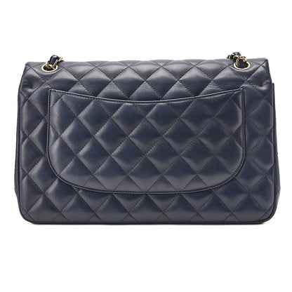 CHANEL Deka Matelasse Double Flap Turn Lock Chain Shoulder Bag Lambskin Navy Gold-Tone Hardware, Pre-Owned