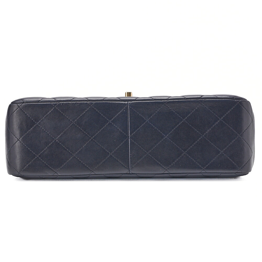 CHANEL Deka Matelasse Double Flap Turn Lock Chain Shoulder Bag Lambskin Navy Gold-Tone Hardware, Pre-Owned