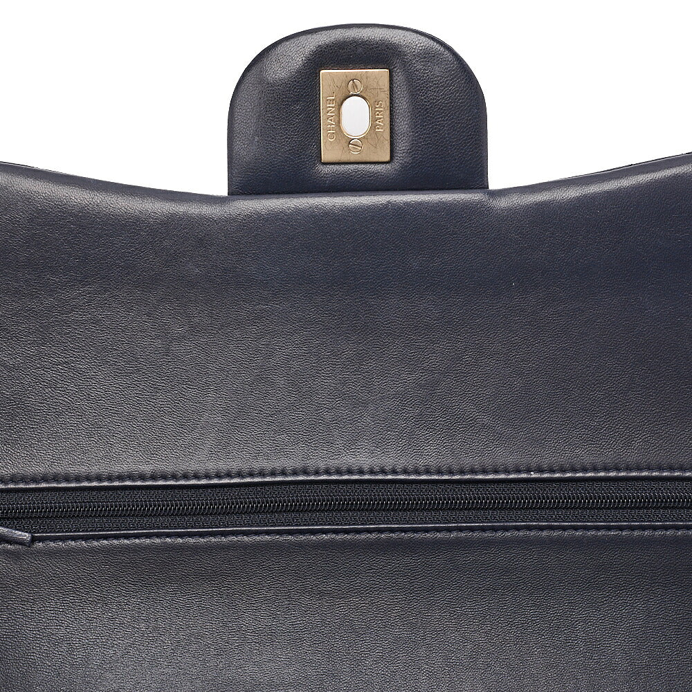 CHANEL Deka Matelasse Double Flap Turn Lock Chain Shoulder Bag Lambskin Navy Gold-Tone Hardware, Pre-Owned