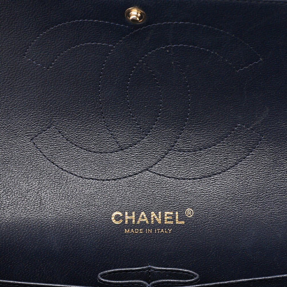 CHANEL Deka Matelasse Double Flap Turn Lock Chain Shoulder Bag Lambskin Navy Gold-Tone Hardware, Pre-Owned