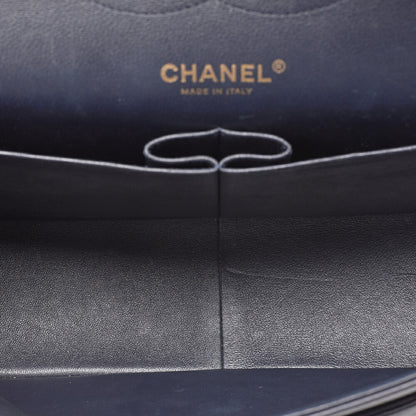 CHANEL Deka Matelasse Double Flap Turn Lock Chain Shoulder Bag Lambskin Navy Gold-Tone Hardware, Pre-Owned