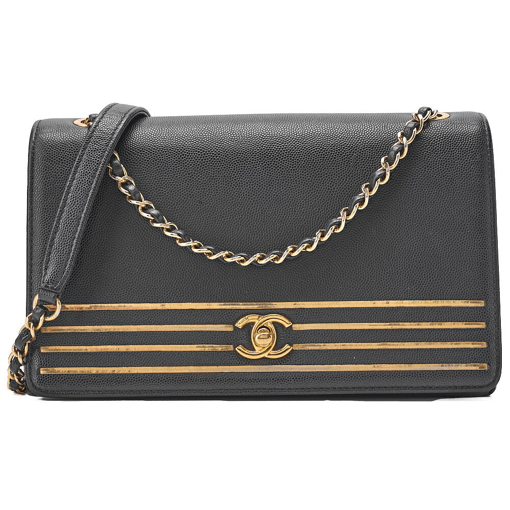 CHANEL Caviar Skin Coco Mark Single Flap Chain Shoulder Black Gold-Tone Hardware, Pre-Owned