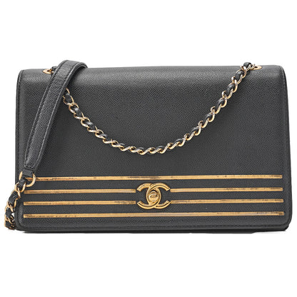 CHANEL Caviar Skin Coco Mark Single Flap Chain Shoulder Black Gold-Tone Hardware, Pre-Owned
