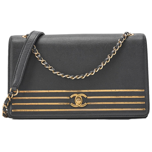 CHANEL Caviar Skin Coco Mark Single Flap Chain Shoulder Black Gold-Tone Hardware, Pre-Owned