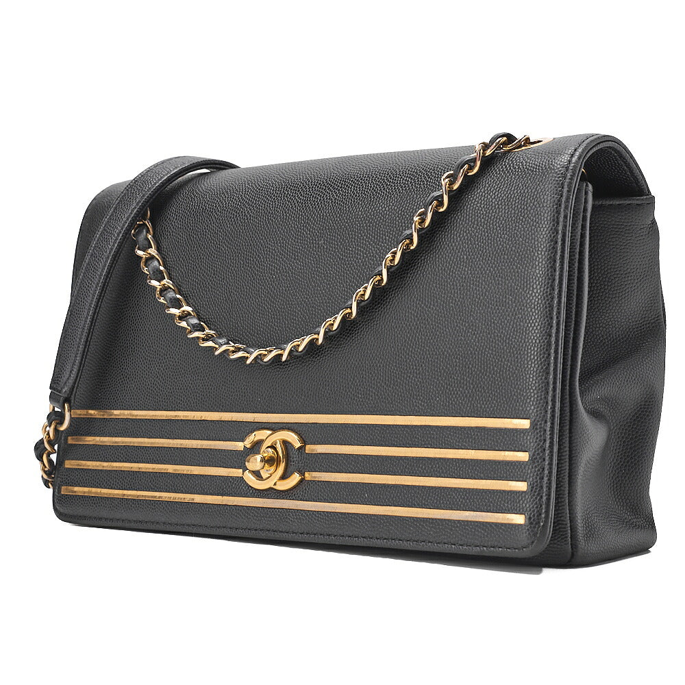 CHANEL Caviar Skin Coco Mark Single Flap Chain Shoulder Black Gold-Tone Hardware, Pre-Owned