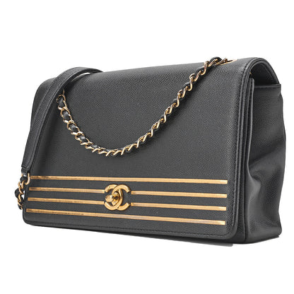 CHANEL Caviar Skin Coco Mark Single Flap Chain Shoulder Black Gold-Tone Hardware, Pre-Owned