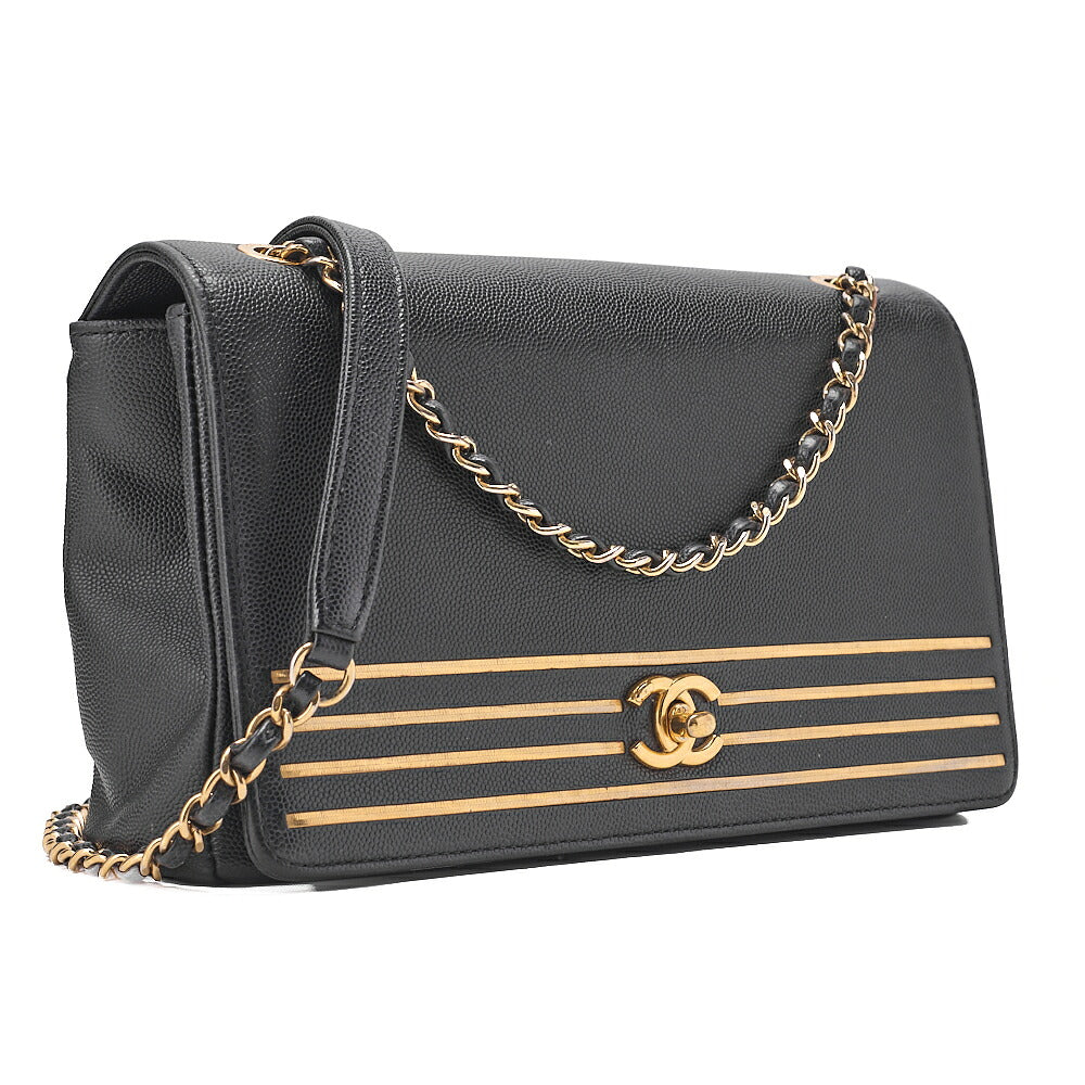 CHANEL Caviar Skin Coco Mark Single Flap Chain Shoulder Black Gold-Tone Hardware, Pre-Owned