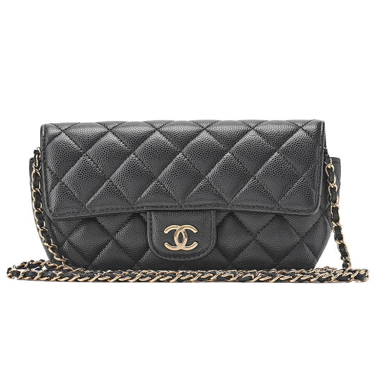 CHANEL Caviar Skin Minimat Telass? Glasses Case Chain Shoulder Black Gold-Tone Hardware, Pre-Owned