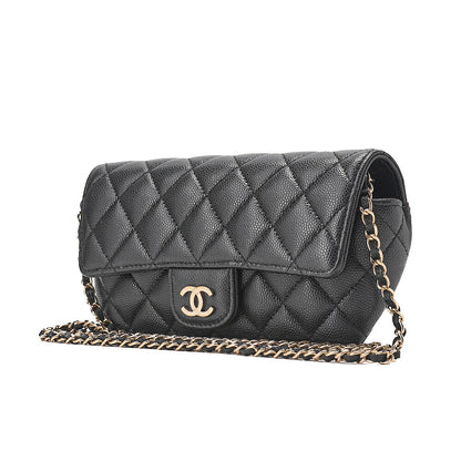 CHANEL Caviar Skin Minimat Telass? Glasses Case Chain Shoulder Black Gold-Tone Hardware, Pre-Owned