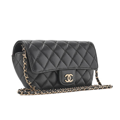 CHANEL Caviar Skin Minimat Telass? Glasses Case Chain Shoulder Black Gold-Tone Hardware, Pre-Owned