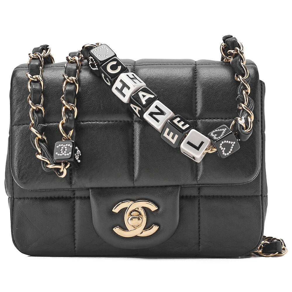 CHANEL Lambskin Mini Chocolate Bar 15cm Single Flap Turn Lock Chain Shoulder Black Gold-Tone Hardware, Pre-Owned