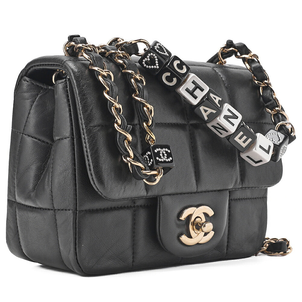 CHANEL Lambskin Mini Chocolate Bar 15cm Single Flap Turn Lock Chain Shoulder Black Gold-Tone Hardware, Pre-Owned