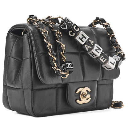 CHANEL Lambskin Mini Chocolate Bar 15cm Single Flap Turn Lock Chain Shoulder Black Gold-Tone Hardware, Pre-Owned