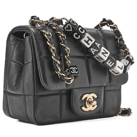CHANEL Lambskin Mini Chocolate Bar 15cm Single Flap Turn Lock Chain Shoulder Black Gold-Tone Hardware, Pre-Owned
