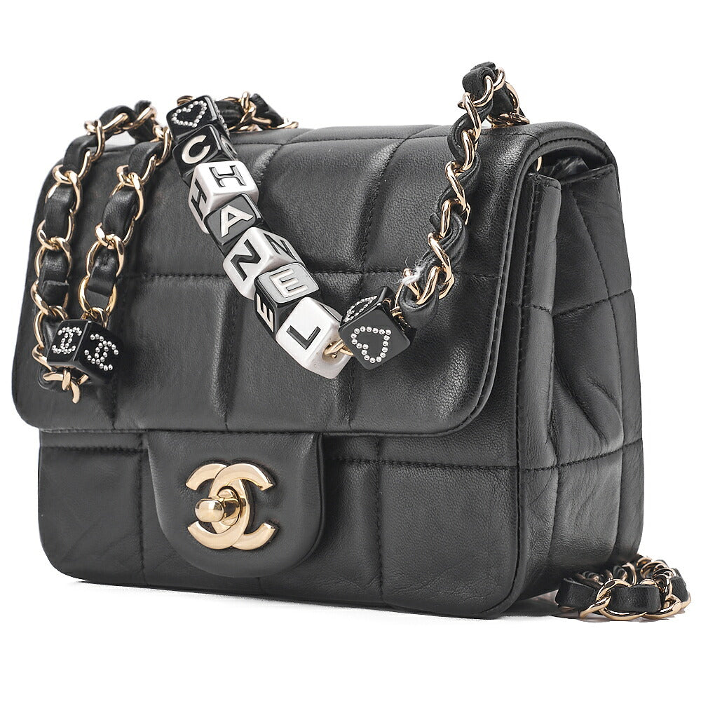 CHANEL Lambskin Mini Chocolate Bar 15cm Single Flap Turn Lock Chain Shoulder Black Gold-Tone Hardware, Pre-Owned