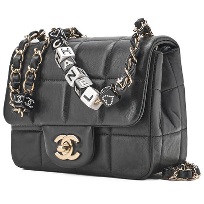 CHANEL Lambskin Mini Chocolate Bar 15cm Single Flap Turn Lock Chain Shoulder Black Gold-Tone Hardware, Pre-Owned