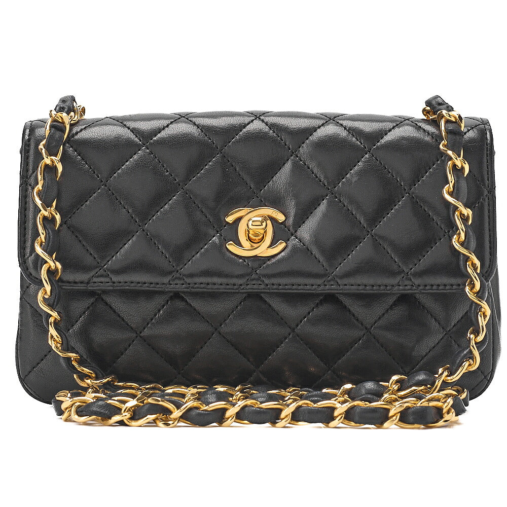 CHANEL Lambskin Mini Matelasse 18cm Single Flap Turn Lock Chain Shoulder Black Gold-Tone Hardware, Pre-Owned