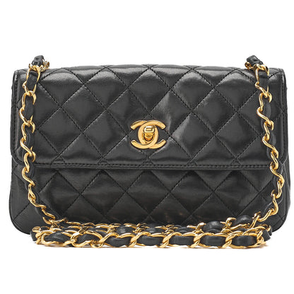 CHANEL Lambskin Mini Matelasse 18cm Single Flap Turn Lock Chain Shoulder Black Gold-Tone Hardware, Pre-Owned