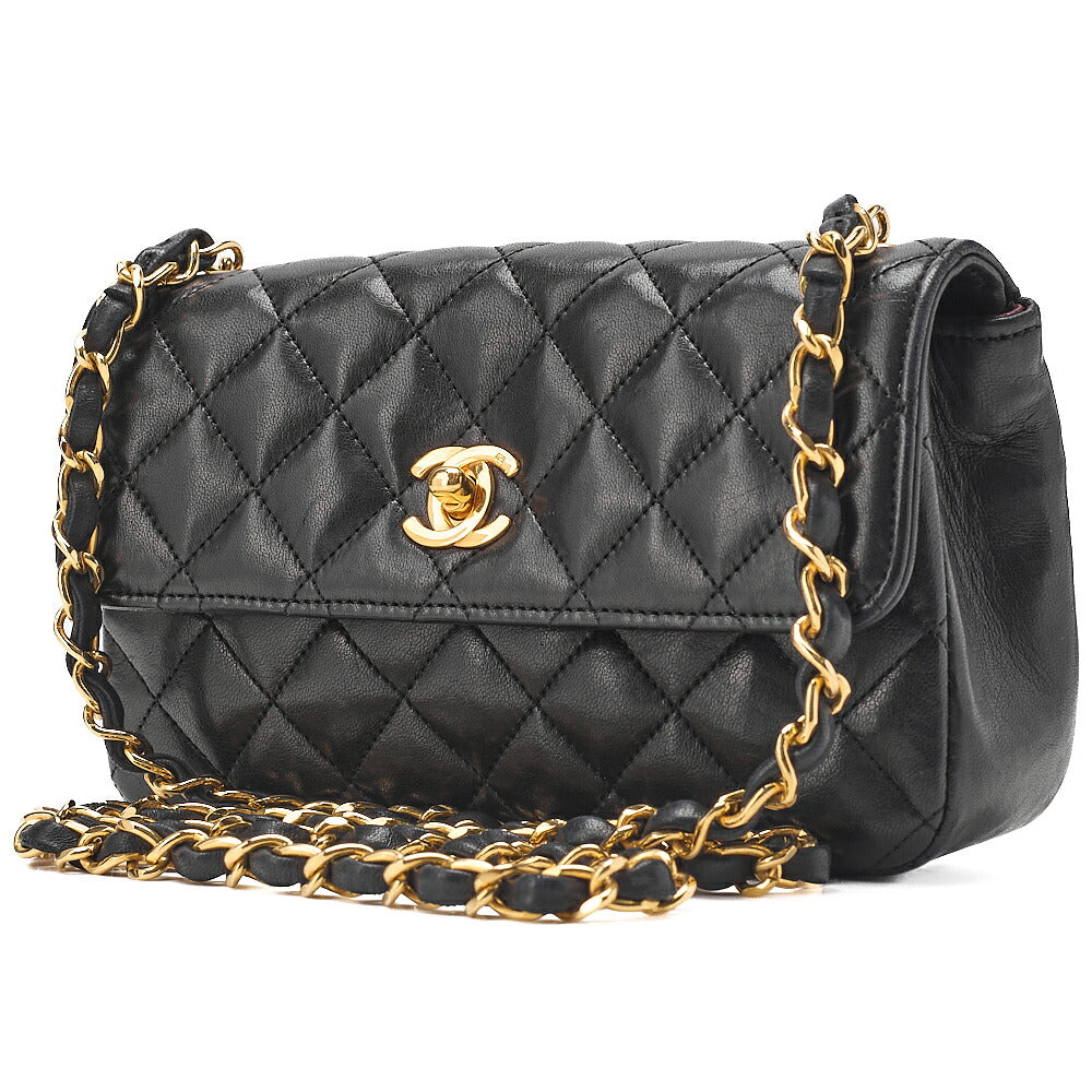 CHANEL Lambskin Mini Matelasse 18cm Single Flap Turn Lock Chain Shoulder Black Gold-Tone Hardware, Pre-Owned