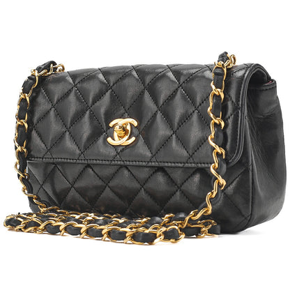 CHANEL Lambskin Mini Matelasse 18cm Single Flap Turn Lock Chain Shoulder Black Gold-Tone Hardware, Pre-Owned