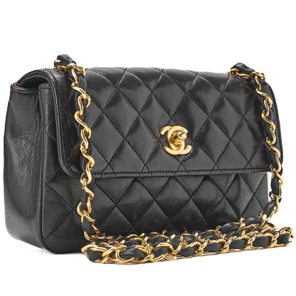 CHANEL Lambskin Mini Matelasse 18cm Single Flap Turn Lock Chain Shoulder Black Gold-Tone Hardware, Pre-Owned