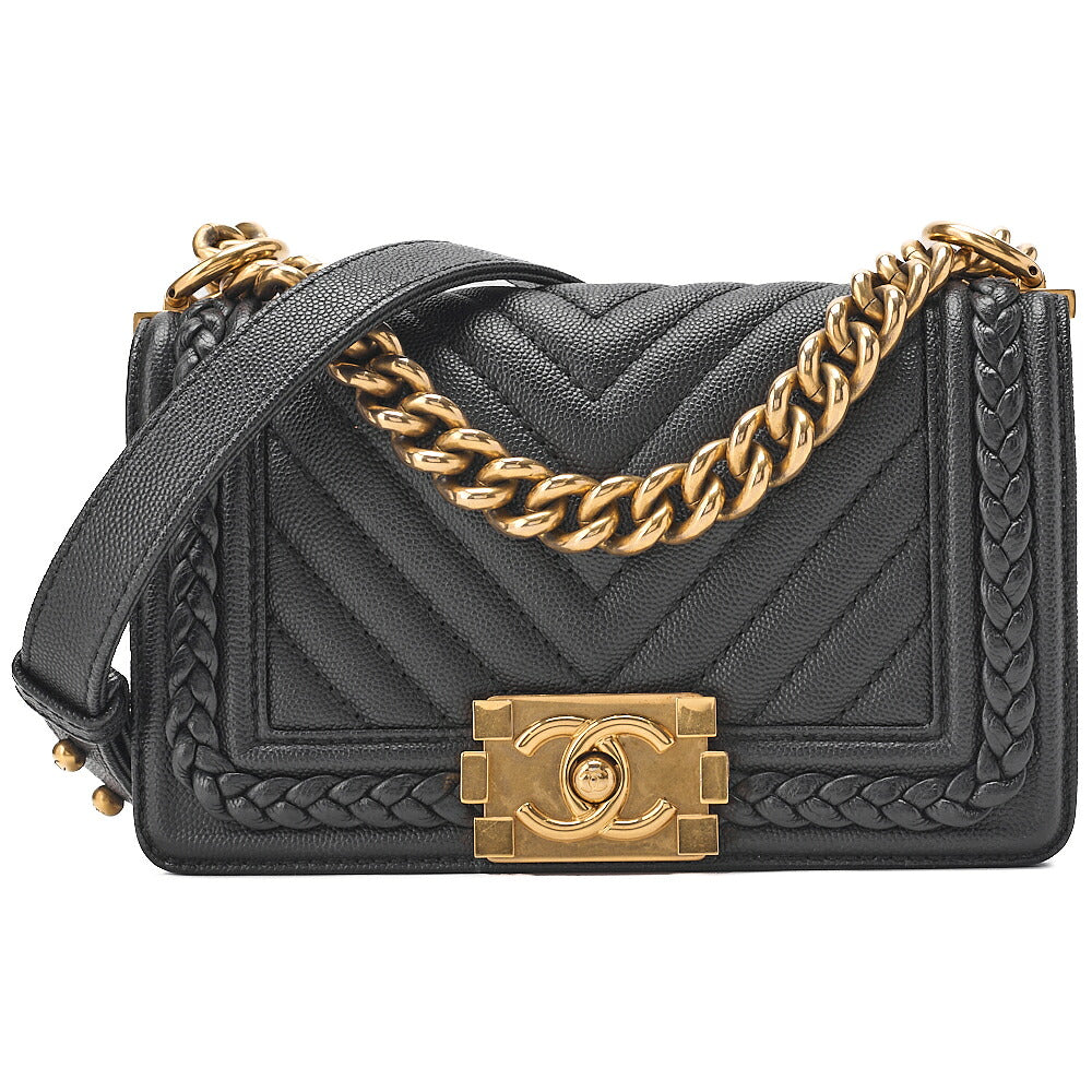 CHANEL Caviar Skin V-Stitch Chevron Boy Chanel 20 Chain Shoulder Black Gold-Tone Hardware, Pre-Owned