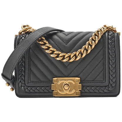 CHANEL Caviar Skin V-Stitch Chevron Boy Chanel 20 Chain Shoulder Black Gold-Tone Hardware, Pre-Owned