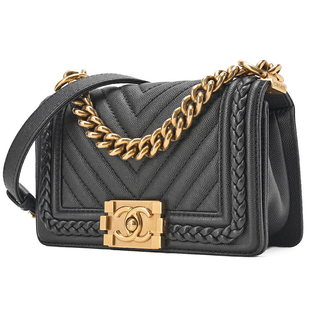 CHANEL Caviar Skin V-Stitch Chevron Boy Chanel 20 Chain Shoulder Black Gold-Tone Hardware, Pre-Owned