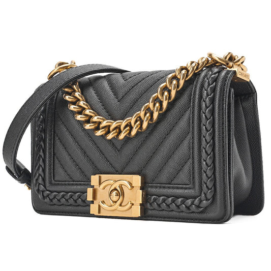 CHANEL Caviar Skin V-Stitch Chevron Boy Chanel 20 Chain Shoulder Black Gold-Tone Hardware, Pre-Owned